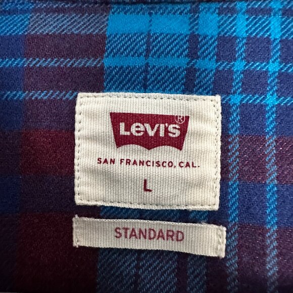 LEVI'S CLASSIC WESTERN FLANEL SHIRT, BLUE & RED PLAID PEARL SNAP BUTTONS SIZE L - Picture 3 of 11